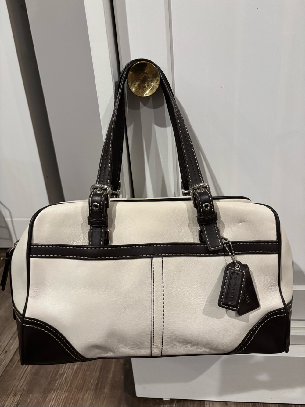 Vintage Coach Hamptons 2-Tone Ivory and dark brown leather satchel
